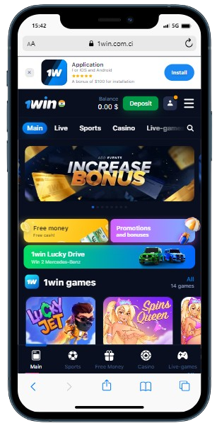 A smartphone displaying 1Win casino home page with popup window to download app