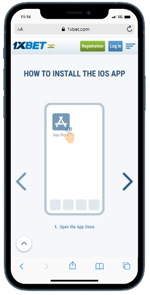 A smartphone displaying 1xBet casino with webpage 'How to install the IOS app'