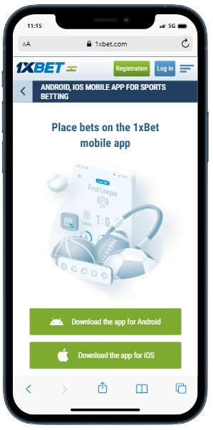 A smartphone displaying 1xBet site with buttons to download app on Android and IOS