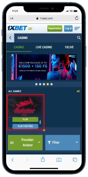 A smartphone displaying 1xBet casino site with highlighted Aviator game