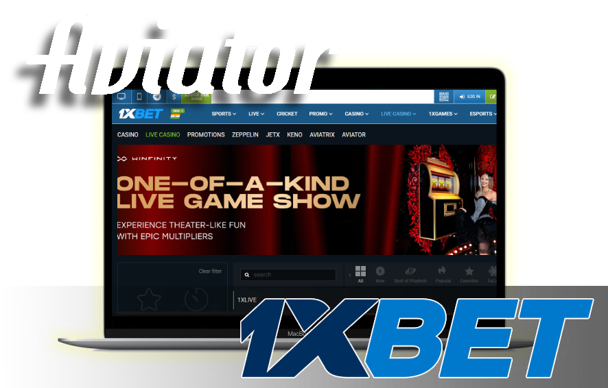 A laptop displaying casino home page with logos of the Aviator game and 1xBet
