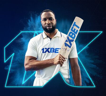 Promo banner with cricket man and 1xBet casino logo on the blue background
