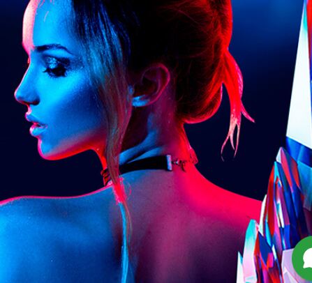 Promo banner of 1xBet casino with woman on the blue background
