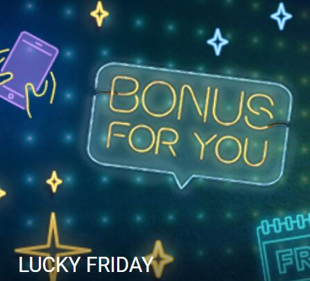 Promo banner of 1xBet casino with stars, phone and text 'Bonus for you. Lucky friday'