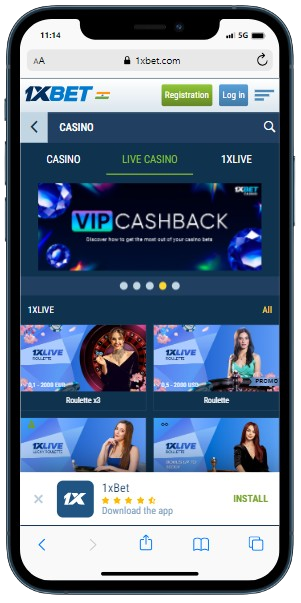 A smartphone displaying 1xBet casino home page with popup window to download app