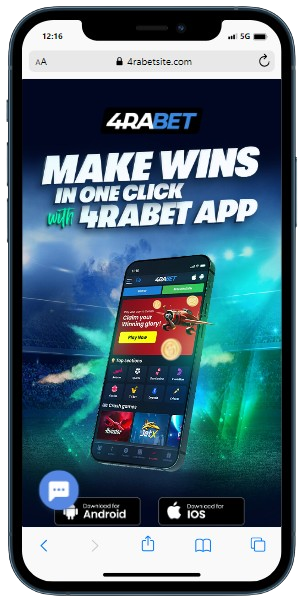 A smartphone displaying 4rabet casino with webpage to download mobile app