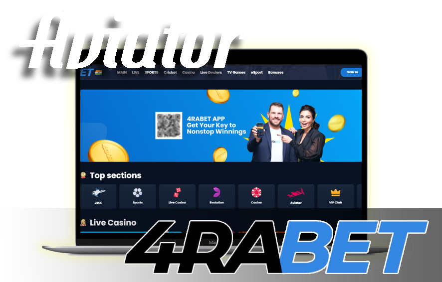 A laptop displaying casino home page with logos of the Aviator game and 4rabet