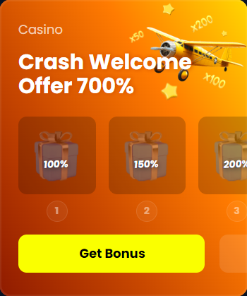 Promo banner of the 4rabet with plane, presents, coefficients and text 'Crash welcome offer 700%'