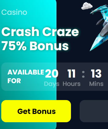 Promo banner of the 4rabet casino with aircraft, timer and text 'Crash crazy 75% bonus'