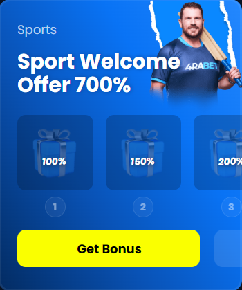 Promo banner of the 4rabet casino with cricketer, presents and text 'Sport welcome offer 700%'