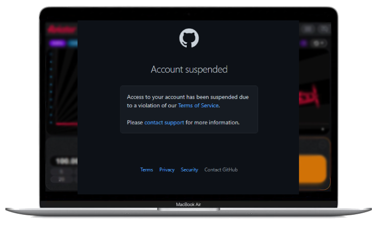 A laptop displaying crash game with popup window 'Account suspended'