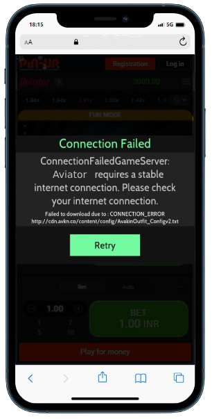 A smartphone displaying popup window 'Connection failed', and crash game background