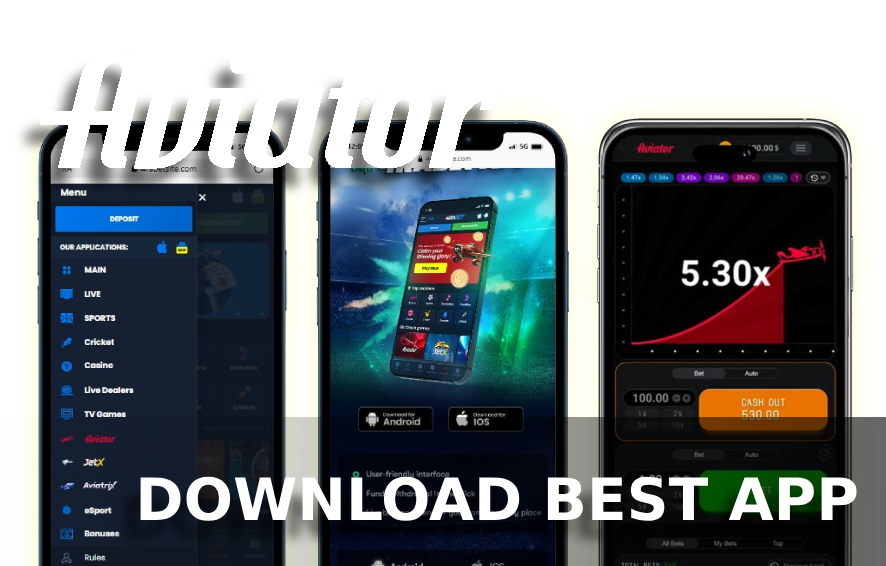 Three phones showing casino site and game interface with Aviator logo and text 'Download best app'
