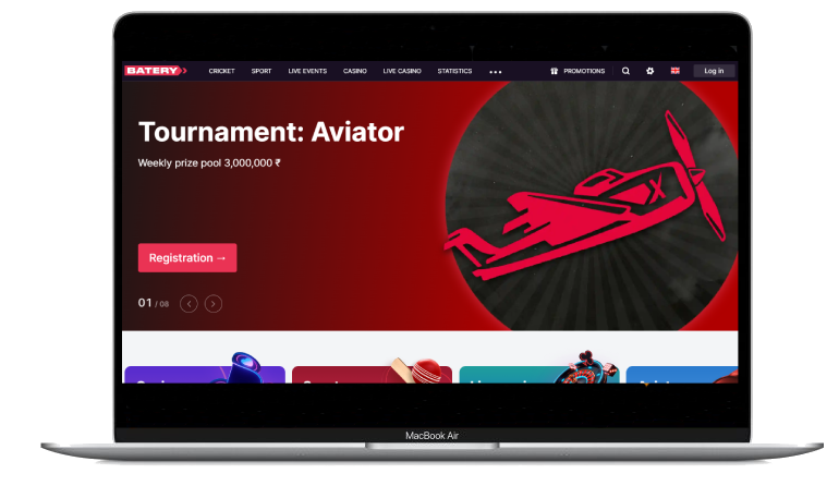 A laptop displaying casino home page with promo banner 'Tournament: Aviator'
