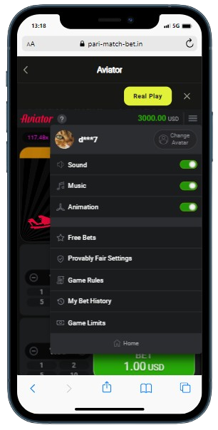 A smartphone displays Aviator game with pop up settings menu