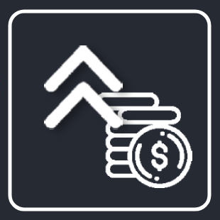 An icon of the coins, up arrows and dollar sign on the blue background