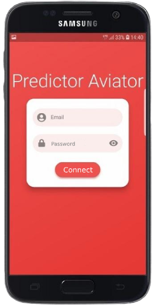 A smartphone displaying Aviator Predictor app with login panel