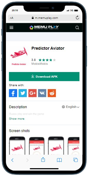 A smartphone displays webpage to download Predictor Aviator APK