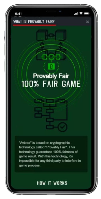Smartphone displaying Provably fair 100% fairness Aviator game