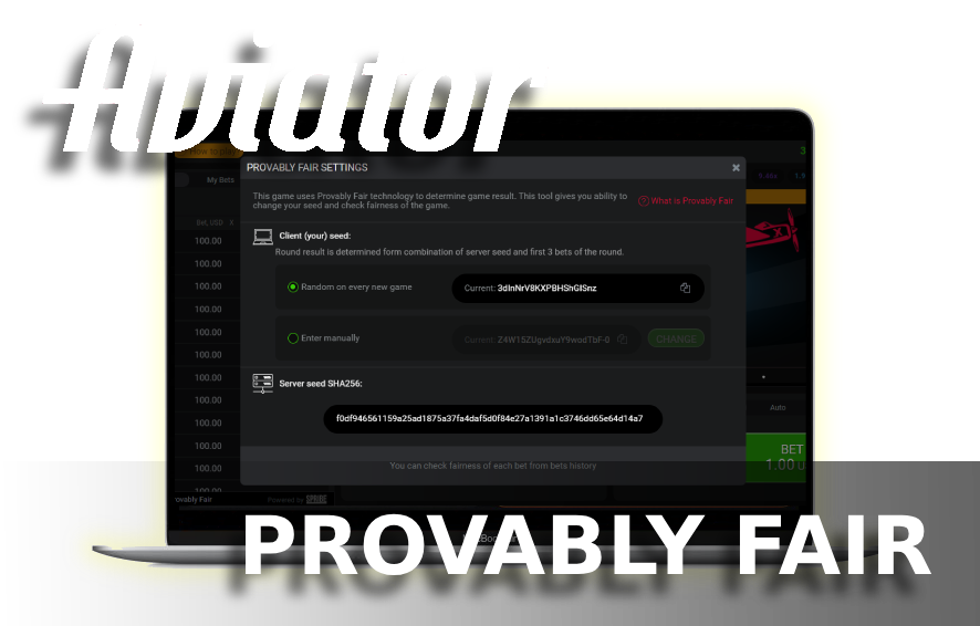 A laptop displaying PF settings with Aviator game logo and text 'Provably fair'