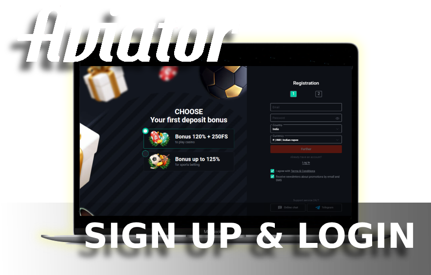 A laptop displays casino registration form with bonuses and Aviator logo with text 'Sign up & Login'