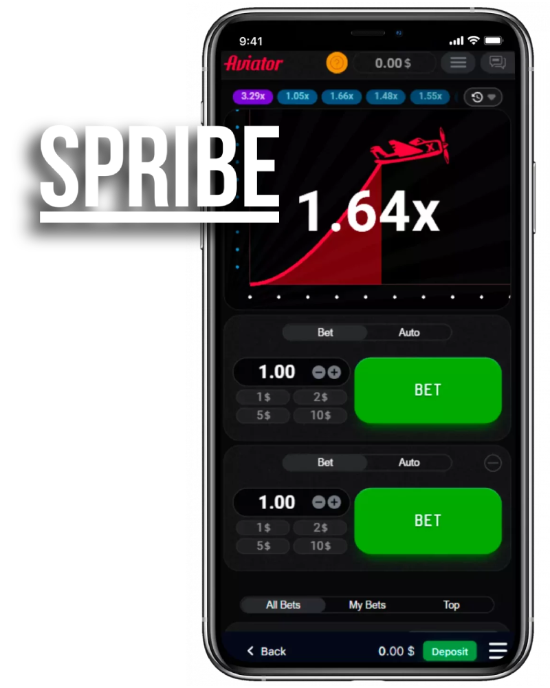 A smartphone displaying Aviator game with betting options and Spribe logo