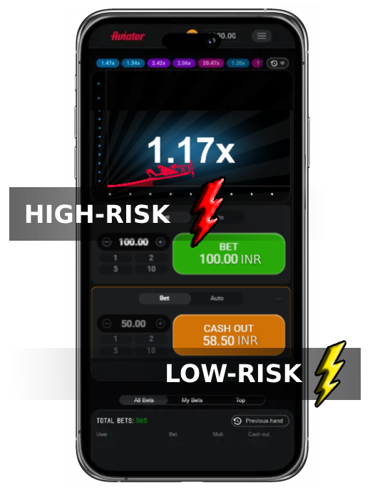 A smartphone displays Aviator game with betting options and text 'High risk', 'Low risk'