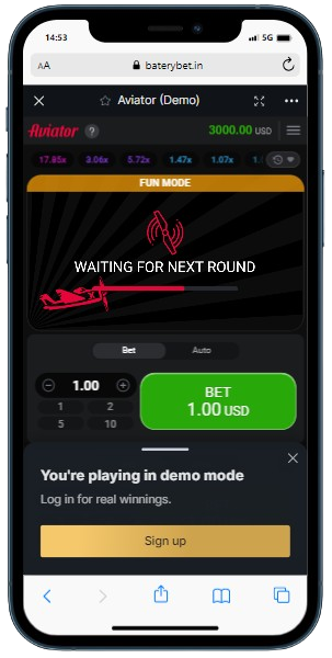 A smartphone displaying Batery casino site with Aviator Demo mode
