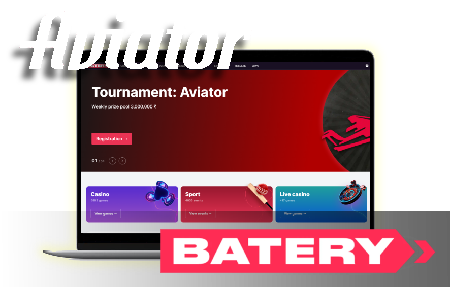 A laptop displaying casino home page with logos of the Aviator game and Batery