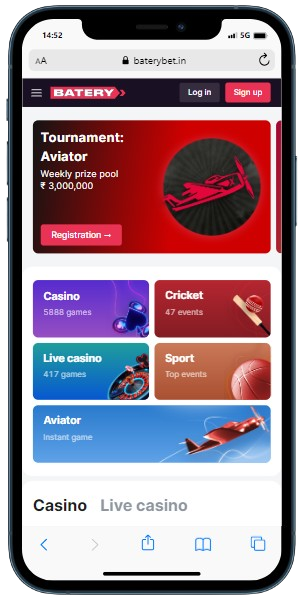 A smartphone displaying Batery online casino home page