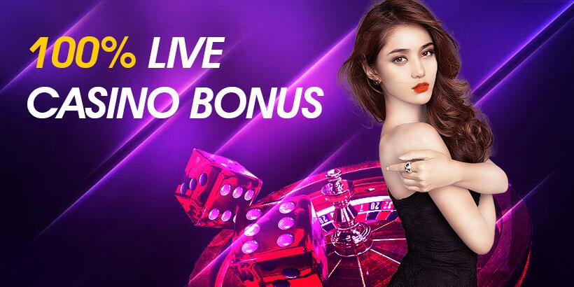 Promo banner of the Becric with roulette, woman, cubes and a text '100% live casino bonus'