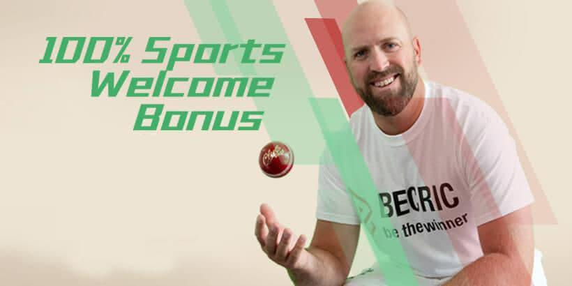 Promo banner of the Becric with man and a text '100% sports welcome bonus'