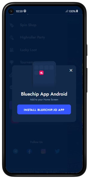 A smartphone displaying Blue Chip site with popup window to install app on Android