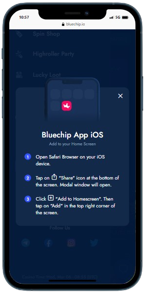 A smartphone displaying Blue Chip site with instruction how to add app on IOS home page