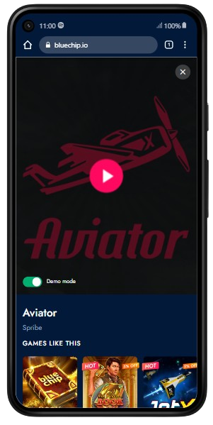 A smartphone displaying Blue Chip casino site with Aviator demo version