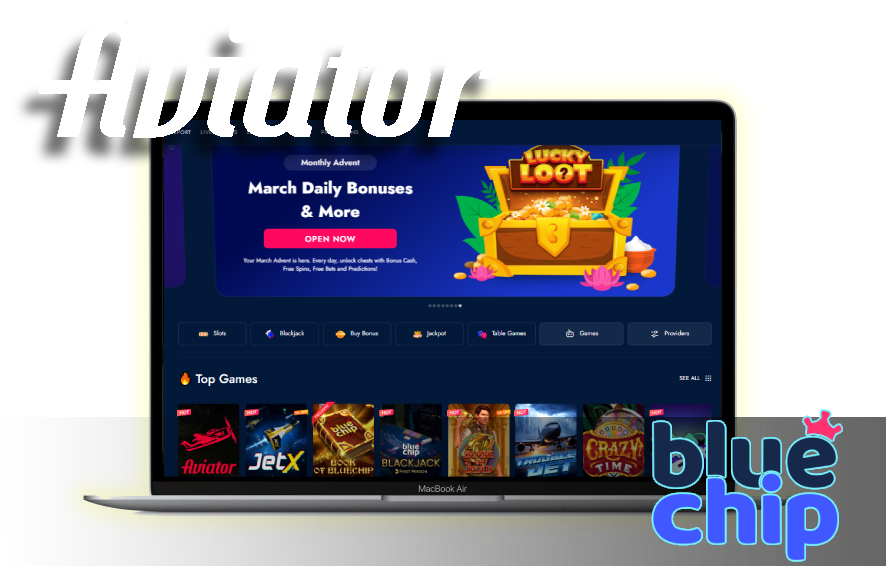 A laptop displaying casino home page with logos of the Aviator game and BlueChip