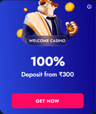 Promo banner of the Blue Chip with tiger, coins and text 'Welcome casino 100% deposit from 300 INR'