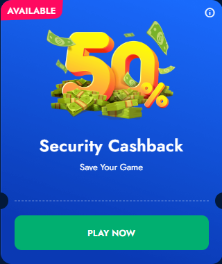 Promo banner of the Blue Chip with money, 3D image '50%' and text 'Security cashback'