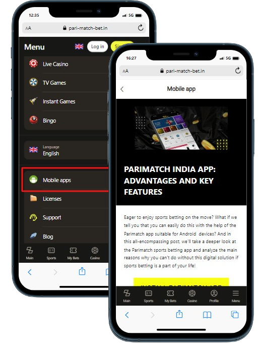 Two smartphones displaying casino site with steps to install mobile app