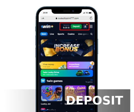 A smartphone displays casino home page with highlighted account section, and a word 'Deposit'