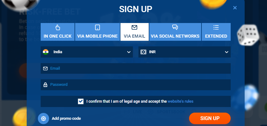 Online casino sign up form with highlighted 'Via Email'