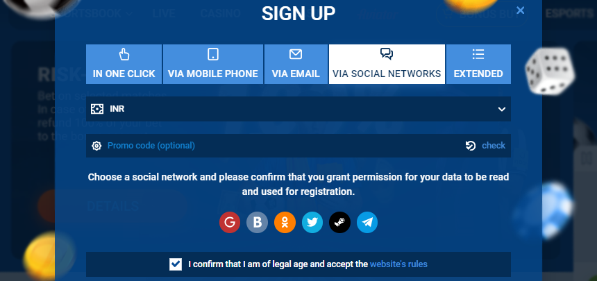 Online casino sign up form with highlighted 'Via social networks'