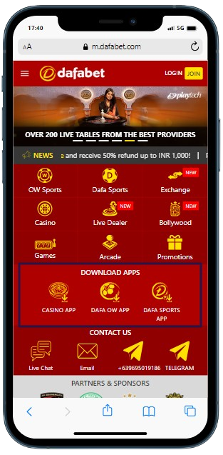 A smartphone displaying Dafabet casino site with highlighted 'Download apps'