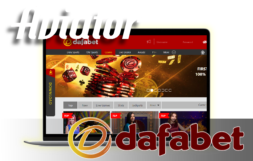 A laptop displaying casino home page with logos of the Aviator game and Dafabet