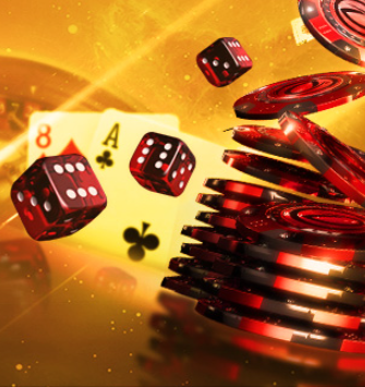 Promo banner of the Dafabet with casino chips, cubes, cards, roulette on the gold background