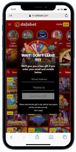 A smartphone displaying Dafabet casino home page with popup window to sign up