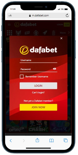 A smartphone displaying Dafabet casino site with Login panel