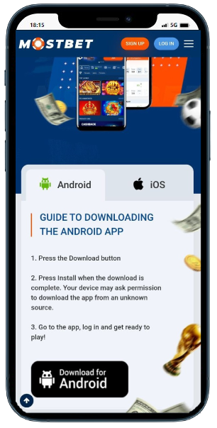 A smartphone displaying Mostbet casino  page to download app on Android