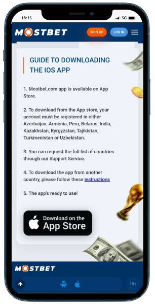 A smartphone displaying Mostbet casino  page to download app on IOS