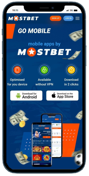 A smartphone displaying online casino with webpage to download app on Android or IOS 